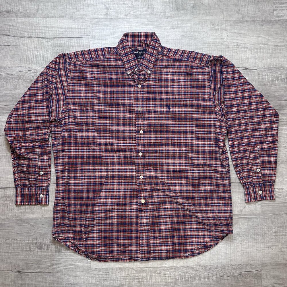 Polo Ralph Lauren Mens Large Orange Blue Plaid Button Down "Blake" Shirt Casual